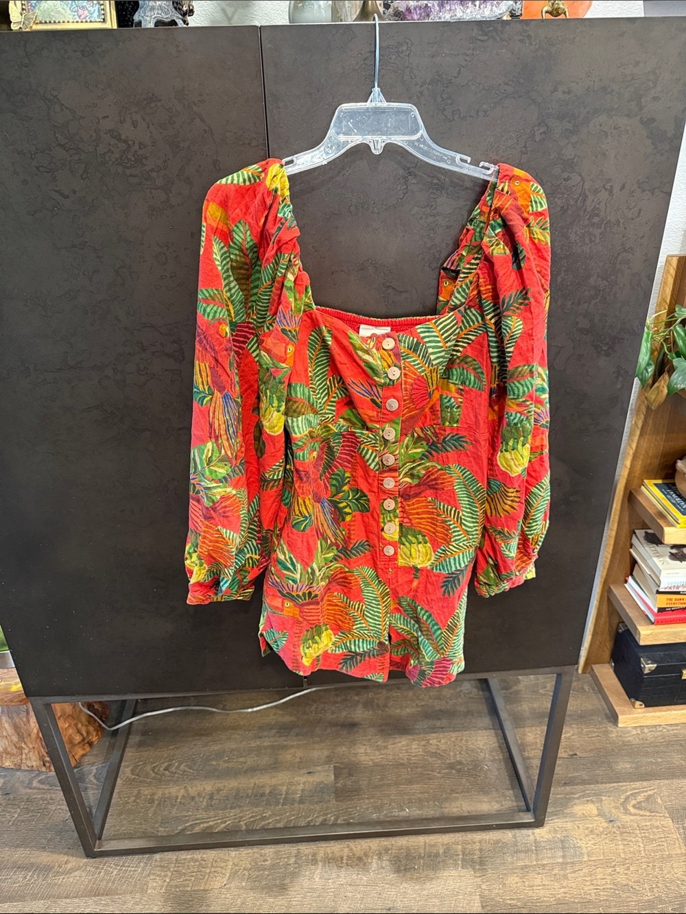 FARM Rio Red Tropical-Print Button Front Romper